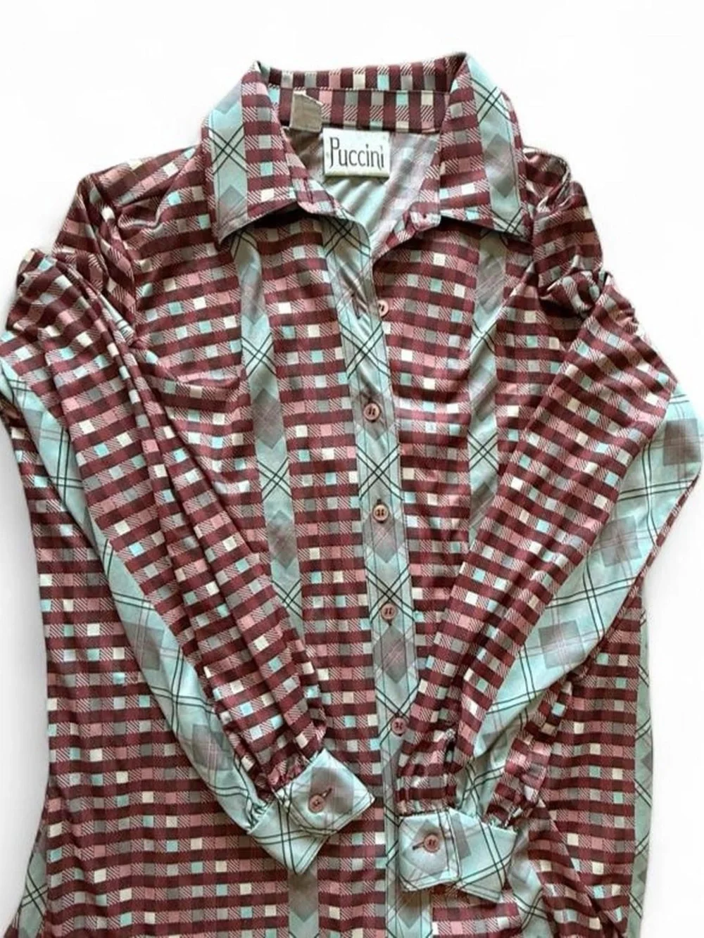 Puccini Women's Plaid Button-Up Blouse in Burgundy and Teal